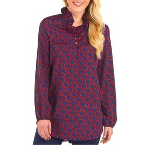 Mudpie Womens Whitney Ruffle Tunic Top,Size L, Blue Red Chain Long Sleeve Preppy
